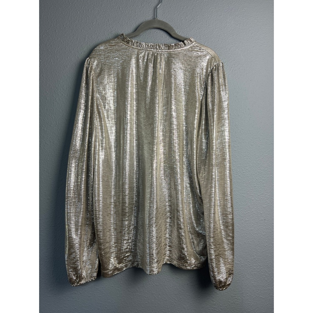 Loft Womens Lg Gold Disco Metallic Plisse Ruffle Neck Long‎ Sleeve Blouse Top